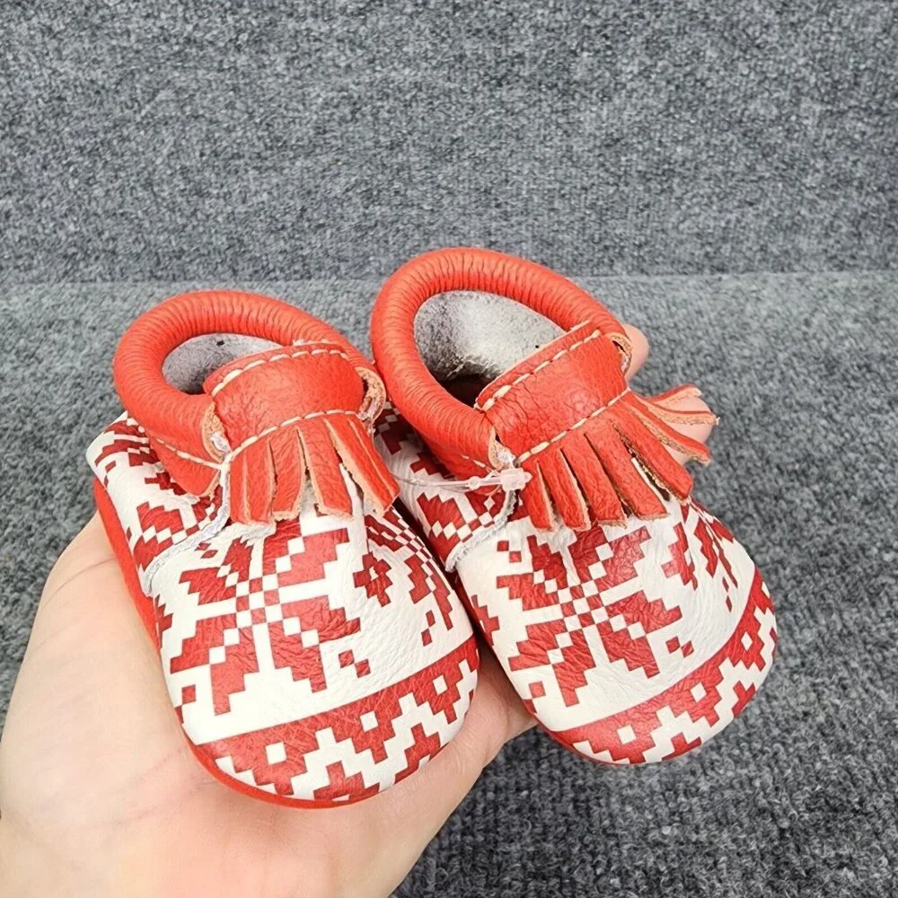 Freshly Picked Baby City Moccasins size 1 Red and white Fringe Leather Christmas